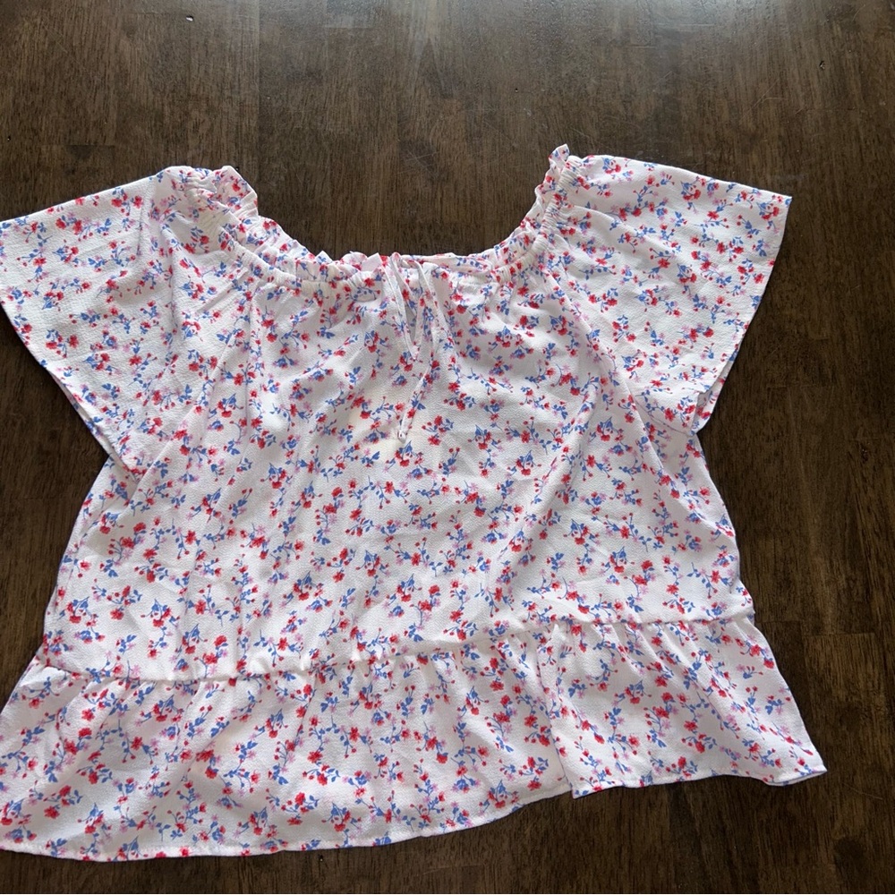NWT Floral Off-Shoulder Top - White with Red and Blue Accents
